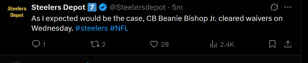 [SteelersDepot] Beanie Bishop has cleared waivers
