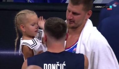 Nikola Jokic’s daughter Ognjena gives Luka a high five. And then Nikola kisses Luka on the cheek postgame. Serbia blows out Slovenia 106-72.