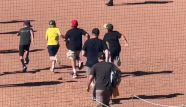 My son gets exposed as an Angels fan running the bases at the Athletics game