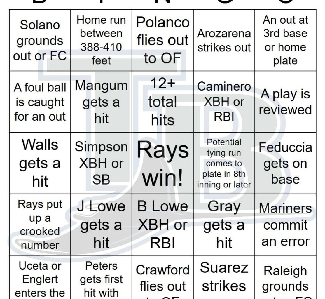Rays vs Mariners Bingo, 8/08/2025