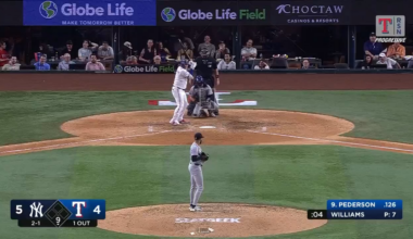Joc Peterson, who has a .128 batting average and 2 home runs on the year, ties the game in the bottom of the ninth for the Rangers on a solo shot.