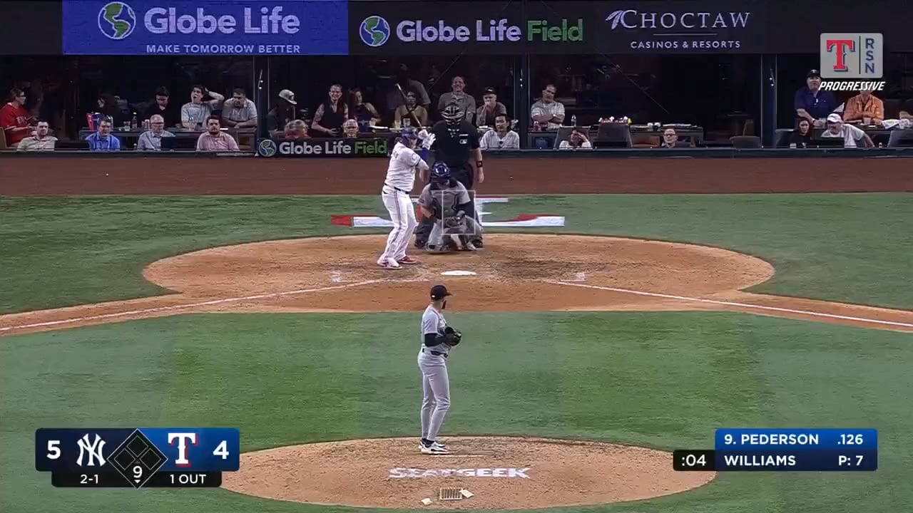 Joc Peterson, who has a .128 batting average and 2 home runs on the year, ties the game in the bottom of the ninth for the Rangers on a solo shot.