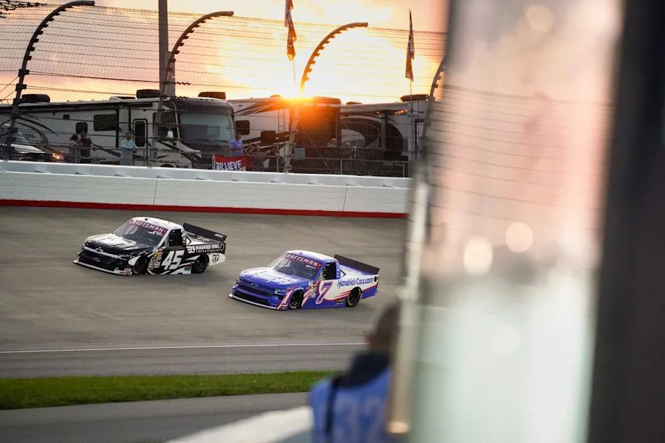 NASCAR Truck Series driver Kaden Honeycutt (45) and Corey Day (7) race during the Rackley Roofing 200 at Nashville Superspeedway in Lebanon, Tenn., Friday, May 30, 2025.Andrew Nelles / The Tennessean.