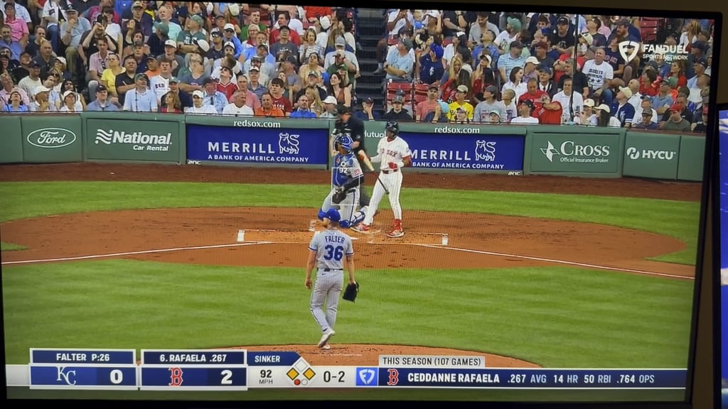 Hud fakes out Boston crowd when a ball flies up into the broadcast booth