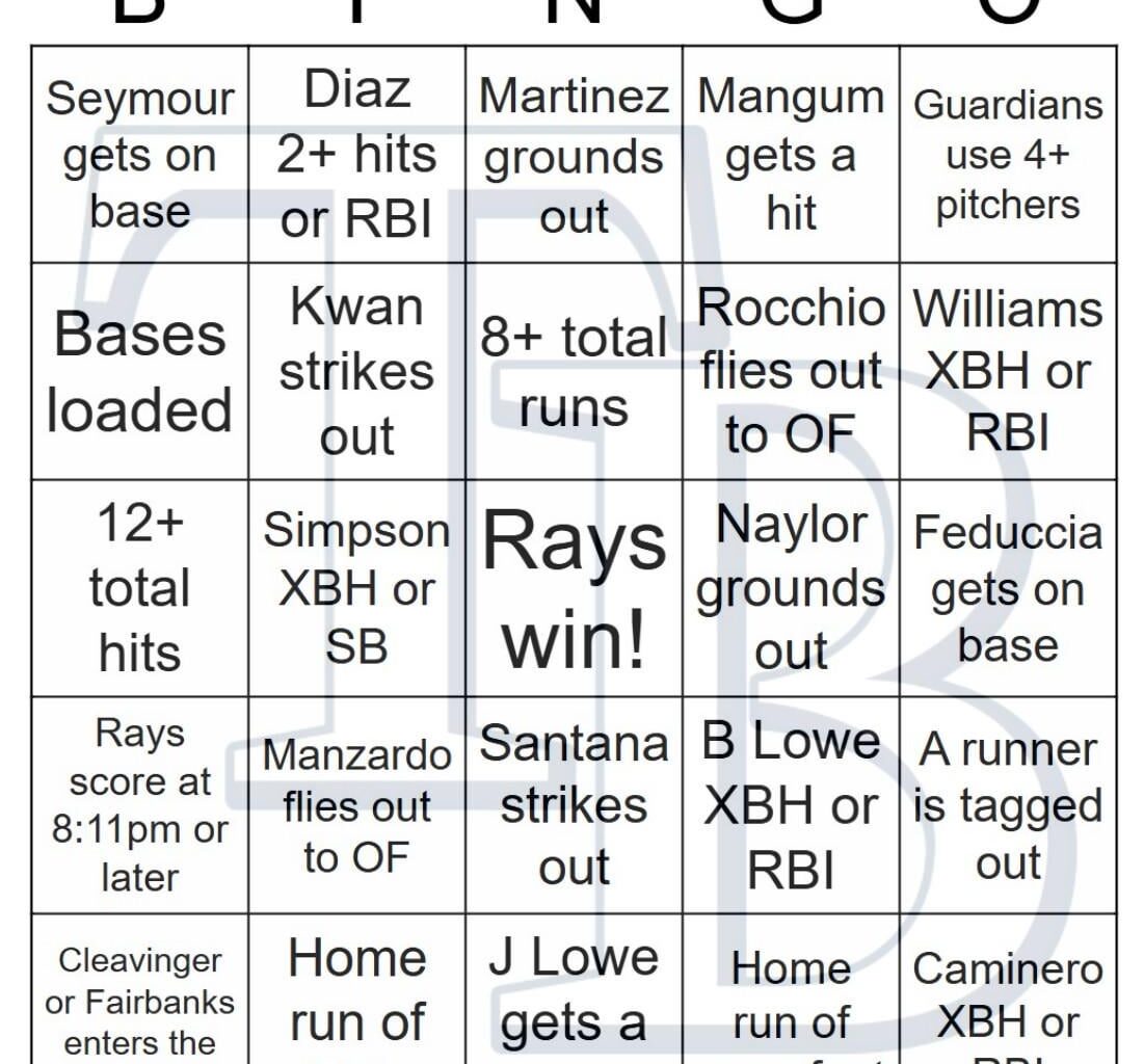 Rays vs Guardians Bingo, 8/25/2025