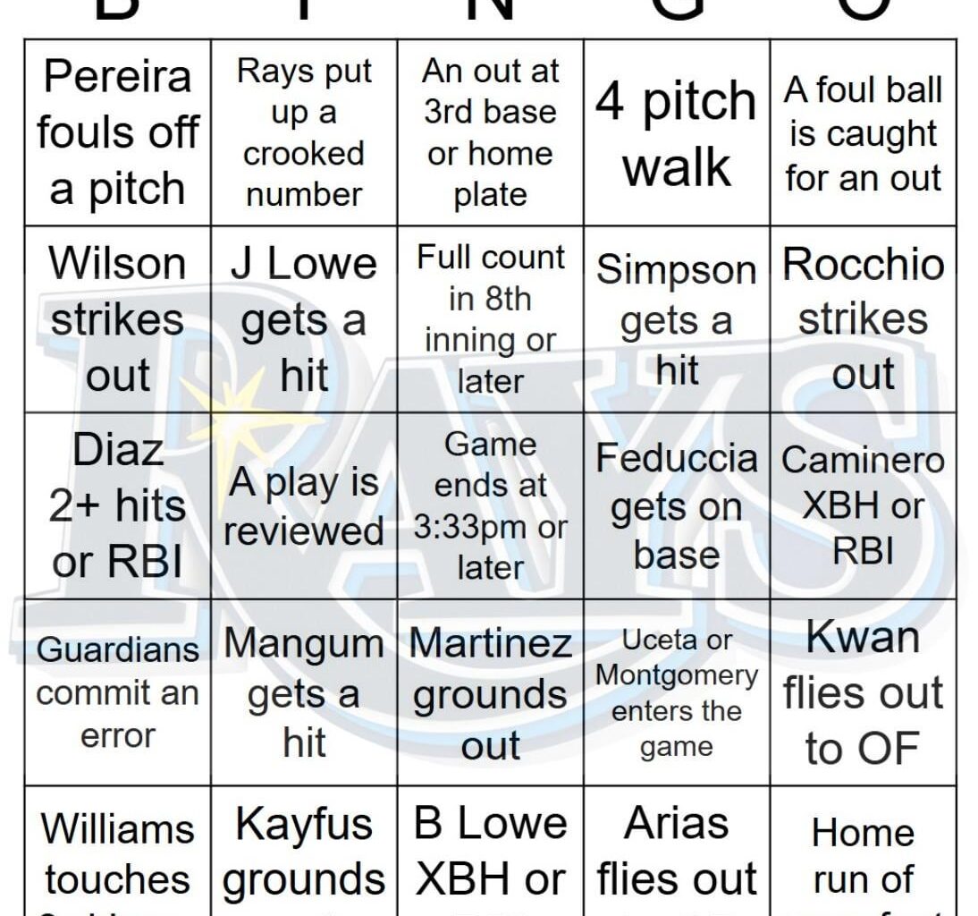 Rays vs Guardians Bingo, 8/27/2025