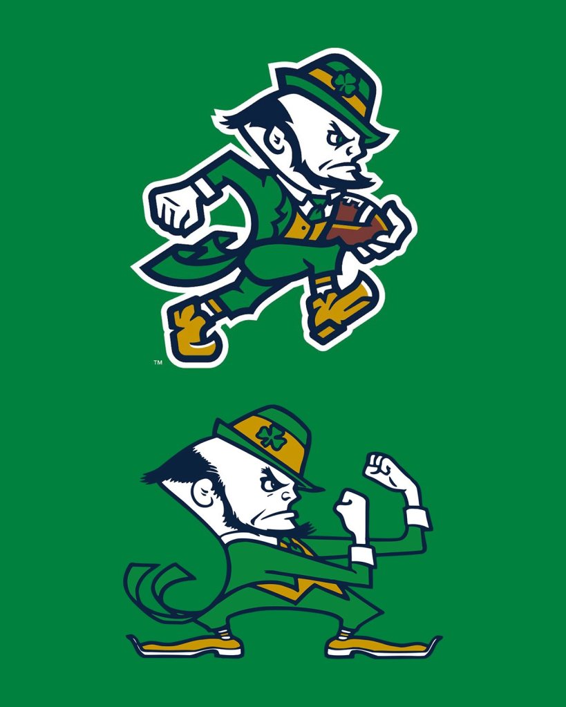 Illustration of the old and new Notre Dame Fighting Irish leprechaun logos.