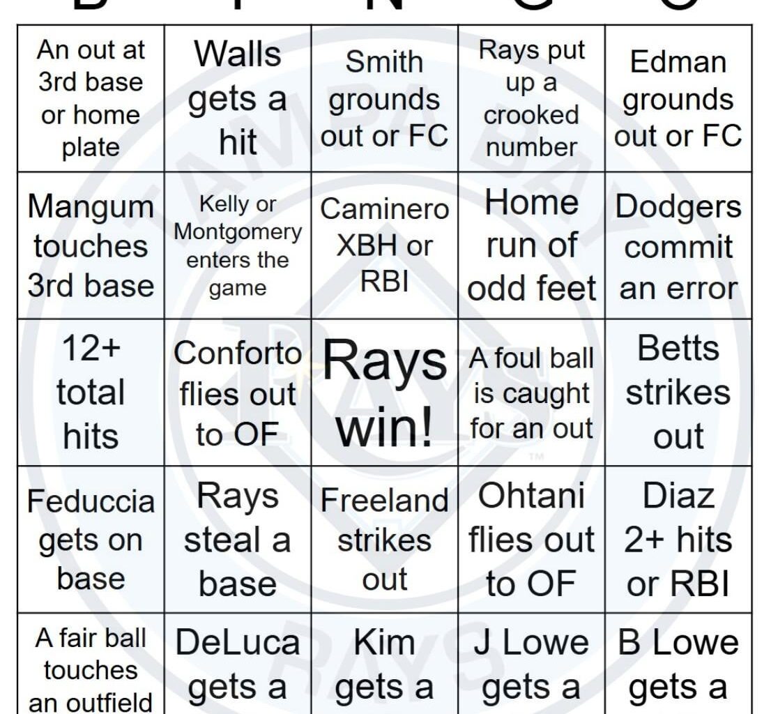 Rays vs Dodgers Bingo, 8/03/2025