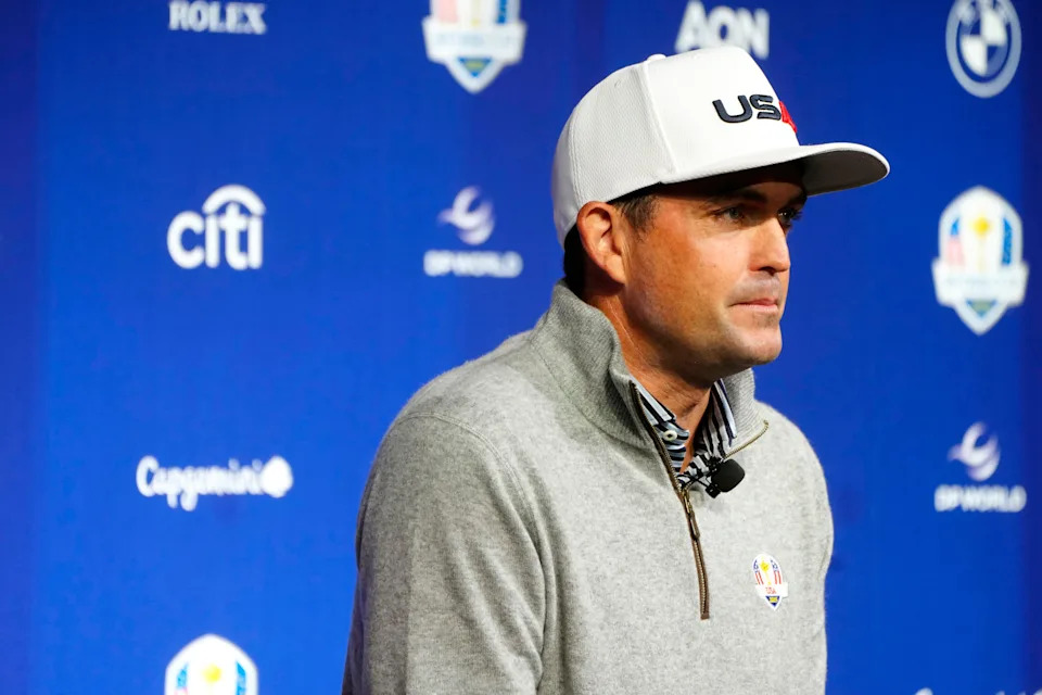 Keegan Bradley speaks at a news conference during the Ryder Cup 2024 Year to Go Media Event at The Times Center in New York.