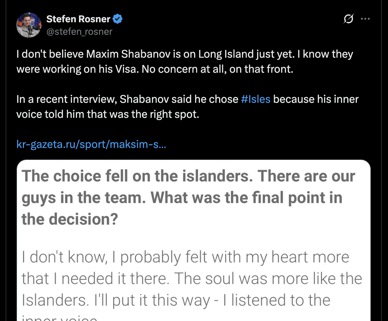 Shabanov saying he basically had a vision telling him to sign with the Islanders