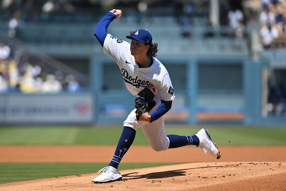 Dodgers pitcher Tyler Glasnow delivers against the Blue Jays in the first inning Sunday.