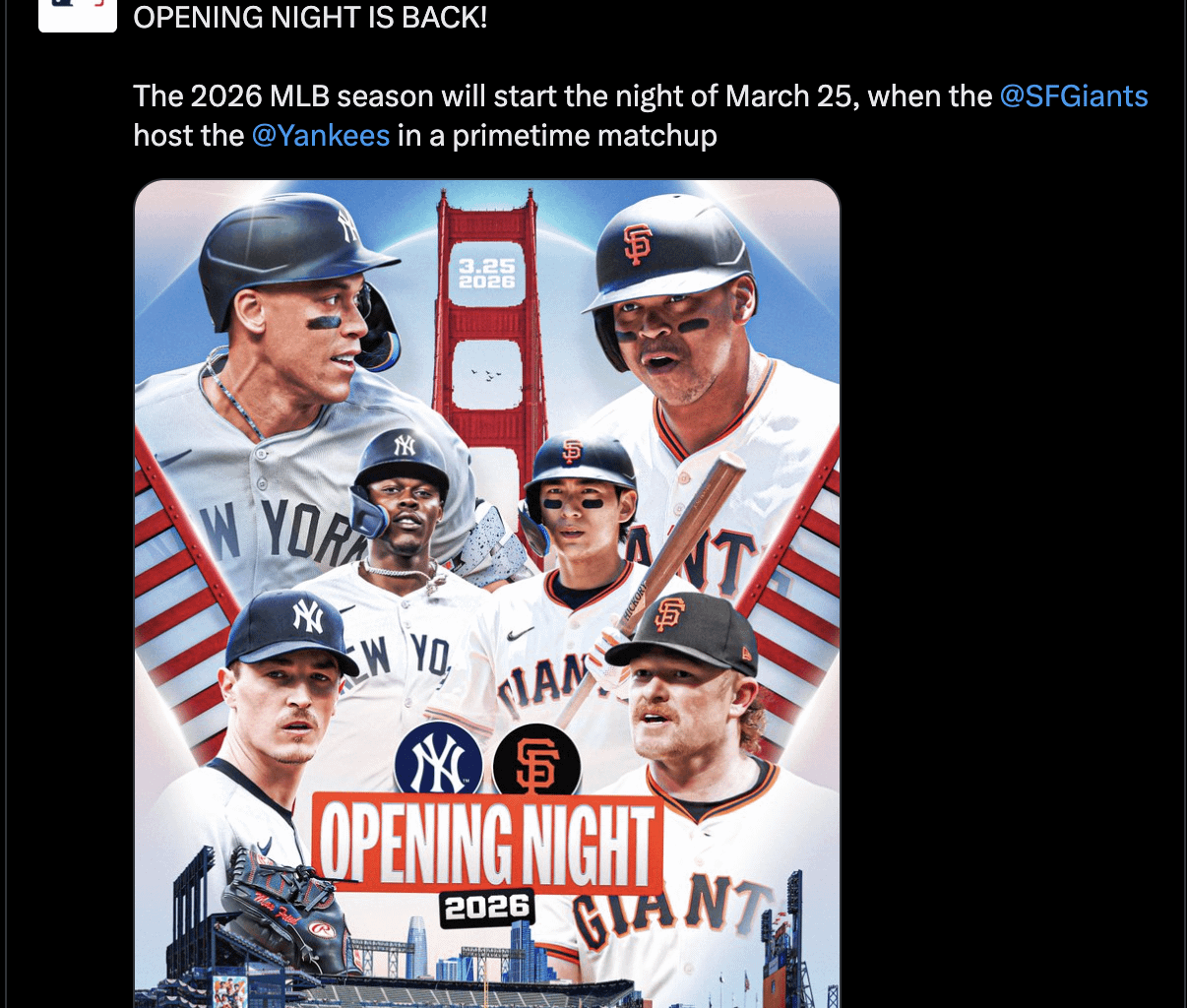 The Giants will host the Yankees in an Opening Night matchup, which will kickoff the 2026 MLB Season