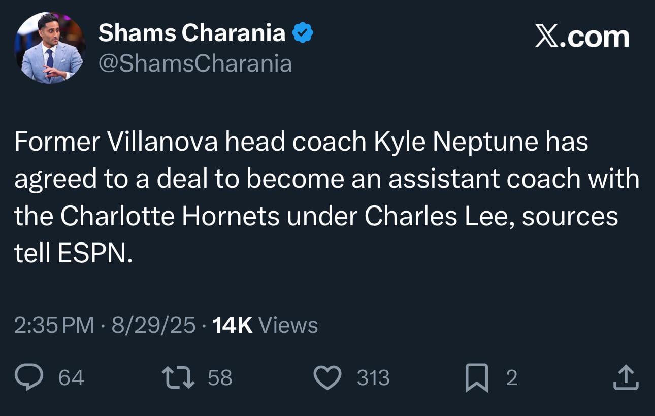 Former Villanova head coach Kyle Neptune has agreed to a deal to become an assistant coach with the Charlotte Hornets under Charles Lee