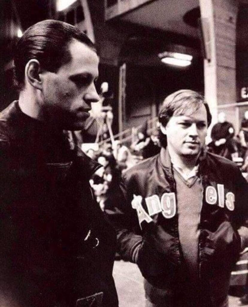 Just a picture of David Gilmour of Pink Floyd wearing an Angels jacket on the set of The Wall film
