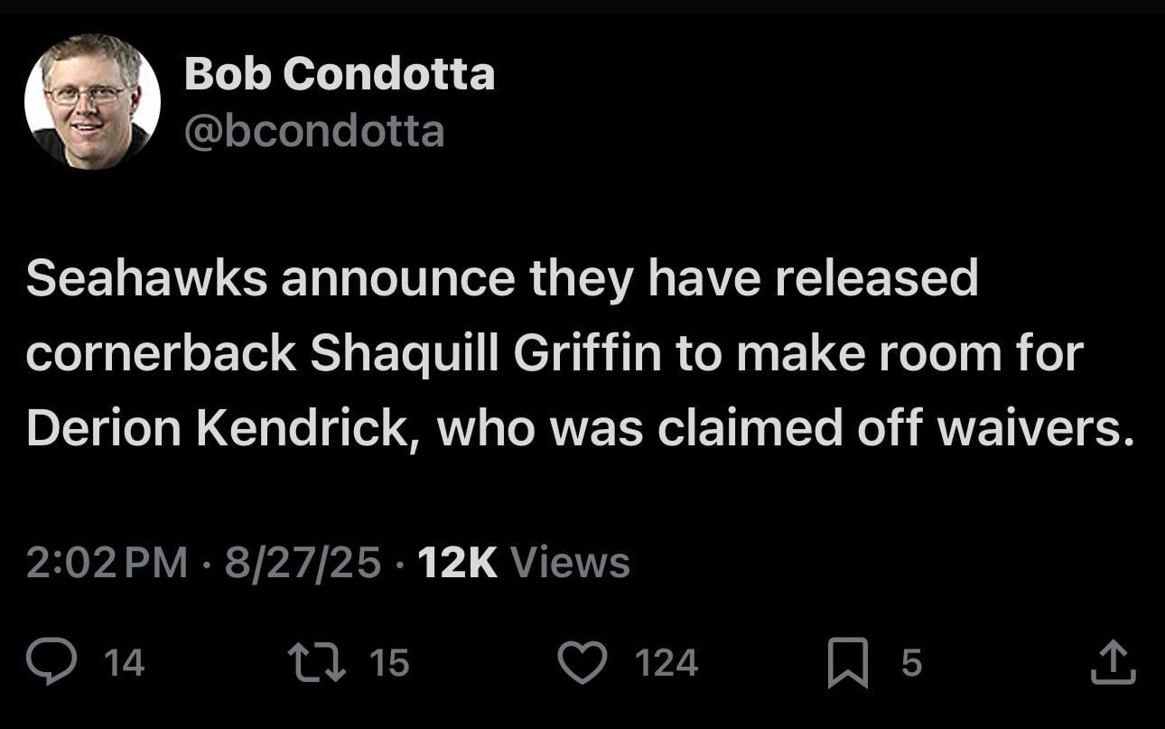 [Condotta] Seahawks announce they have released cornerback Shaquill Griffin to make room for Derion Kendrick, who was claimed off waivers.