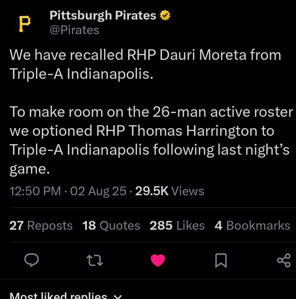 During Moreta has been recalled Harrington has been sent down.