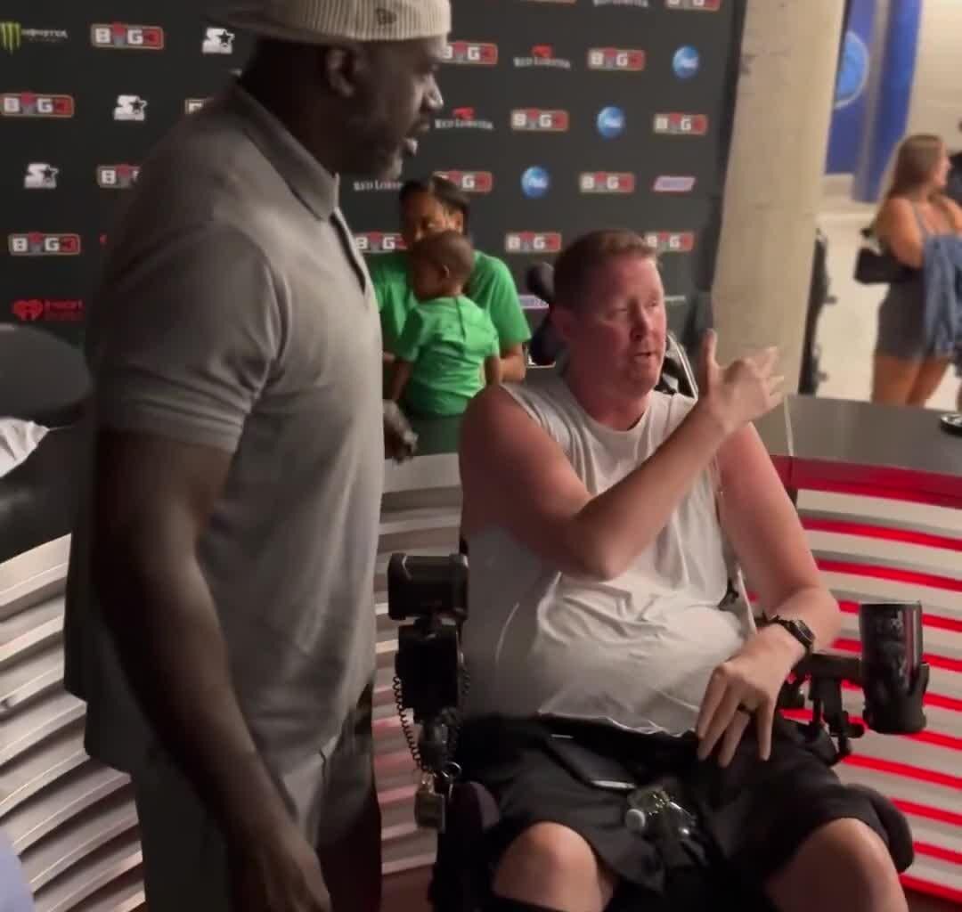 Shaq & Shawn Bradley at the BIG3.
Shawn Bradley is in a wheelchair due to a spinal cord injury he sustained in a bicycle accident in January 2021