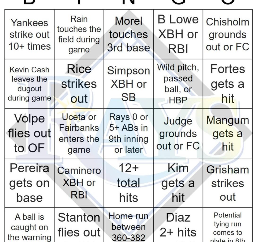 Rays vs Yankees Bingo, 8/19/2025