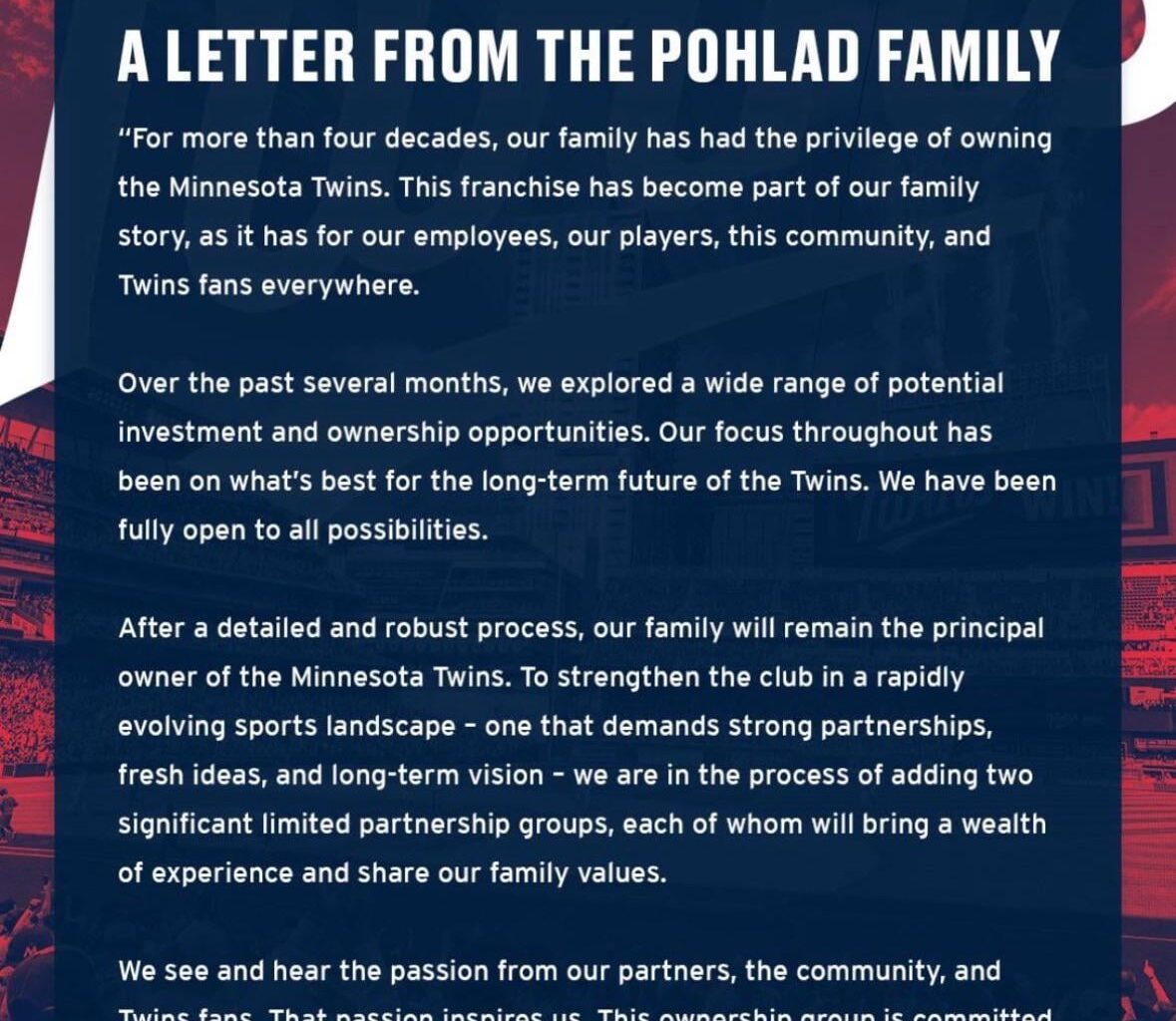 [Twins] A Letter From the Pohlad Family