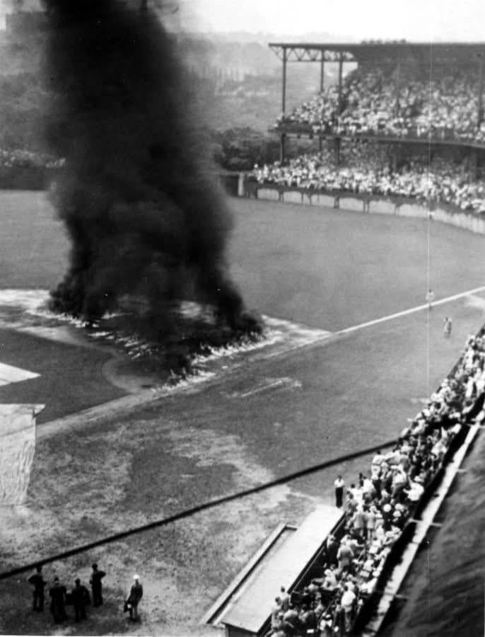 Before  Game 7 of the 1925 World Series between the Pittsburgh Pirates and the Washington Senators the infield was unplayable due to rain. officials took the drastic measure of dousing the infield with gasoline and setting it on fire to dry the field.