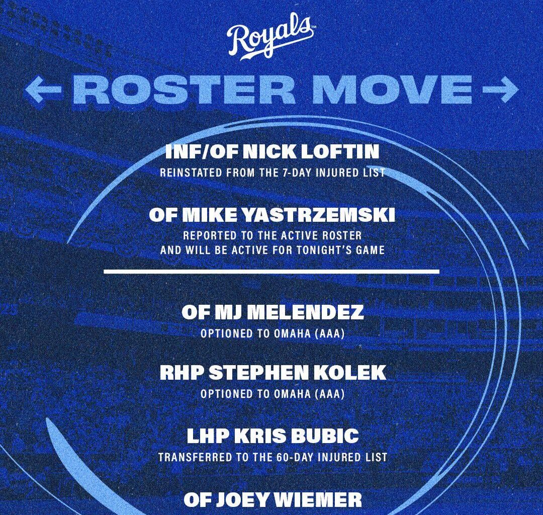 [Royals] Mike Yastrzemski & Nick Loftin have been added to the active roster, Kris Bubic has been placed on the 60-day IL, Stephen Kolek and MJ Melendez have been optioned to Triple-A Omaha, and Joey Wiemer has been DFA’d.