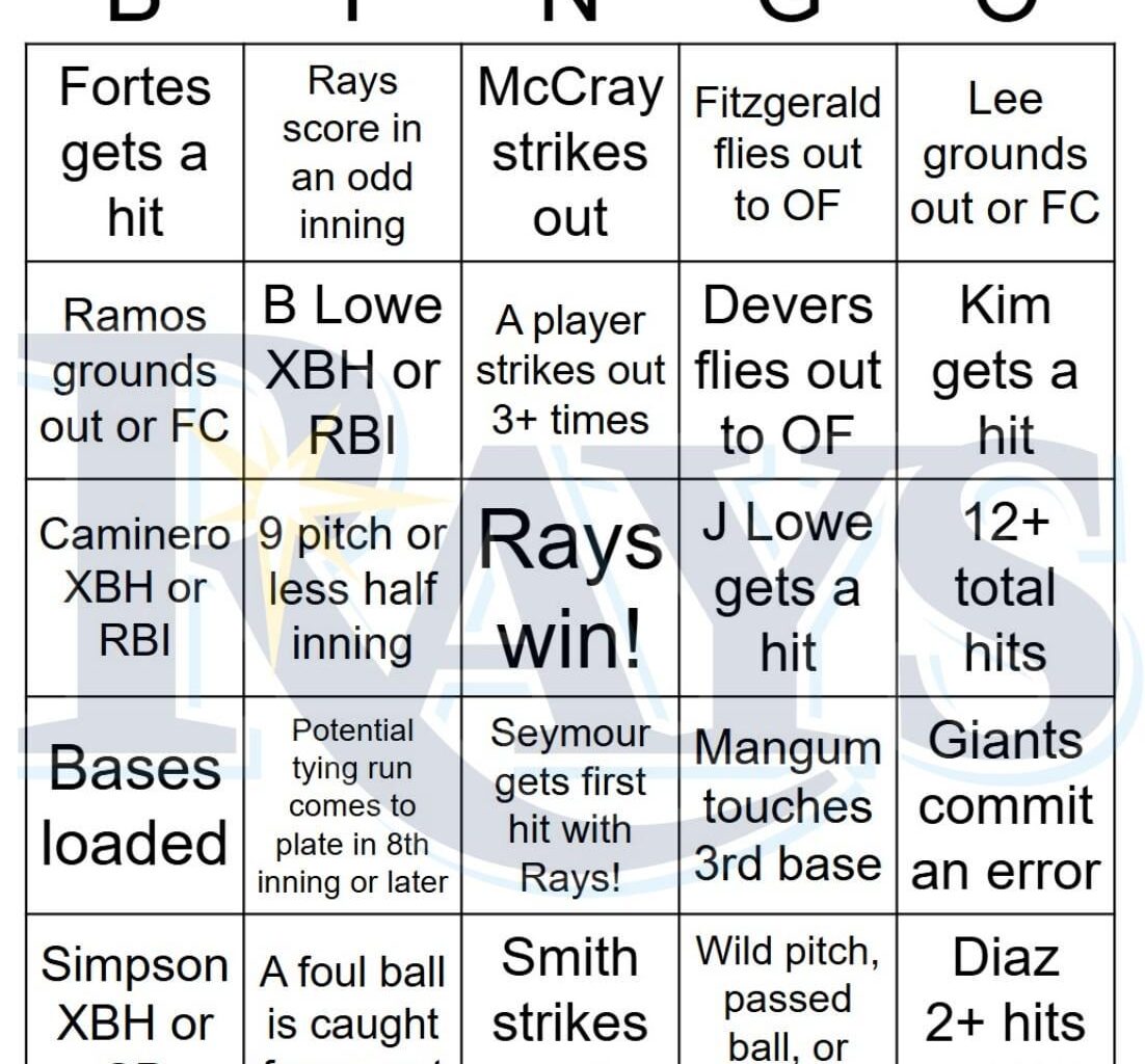 Rays vs Giants Bingo, 8/16/2025