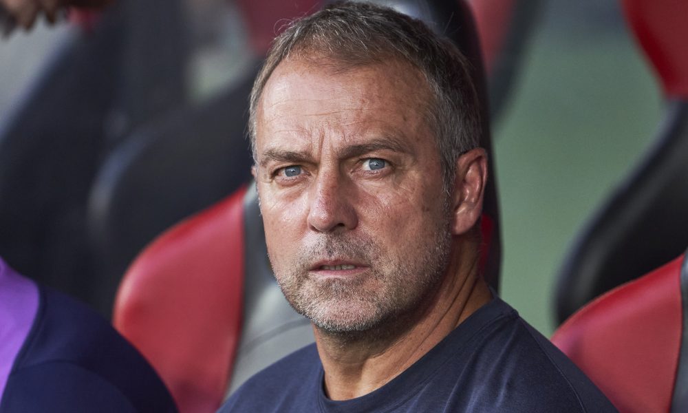 MALLORCA, SPAIN - AUGUST 16: Hansi Flick, head coach of FC Barcelona looks on during the LaLiga EA Sports match between RCD Mallorca and FC Barcelona at Estadio de Son Moix on August 16, 2025 in Mallorca, Spain. (Photo by Rafa Babot/Getty Images)