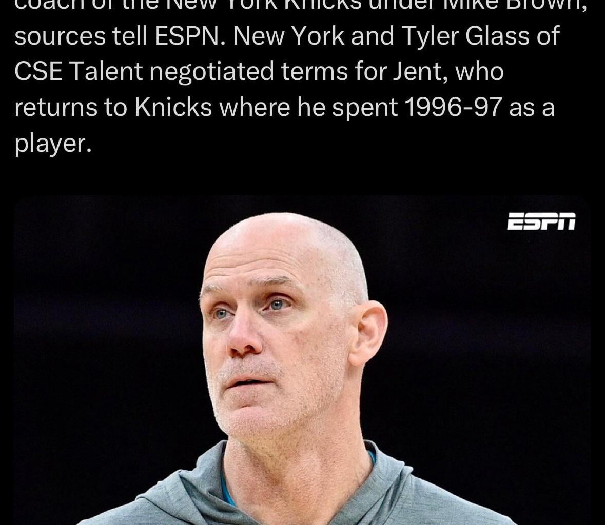 [Shams] Hornets coach Chris Jent finalizing deal to become associate under Mike Brown with the Knicks