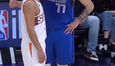 Devin Booker congratulates Luka Doncic after the birth of his daughter