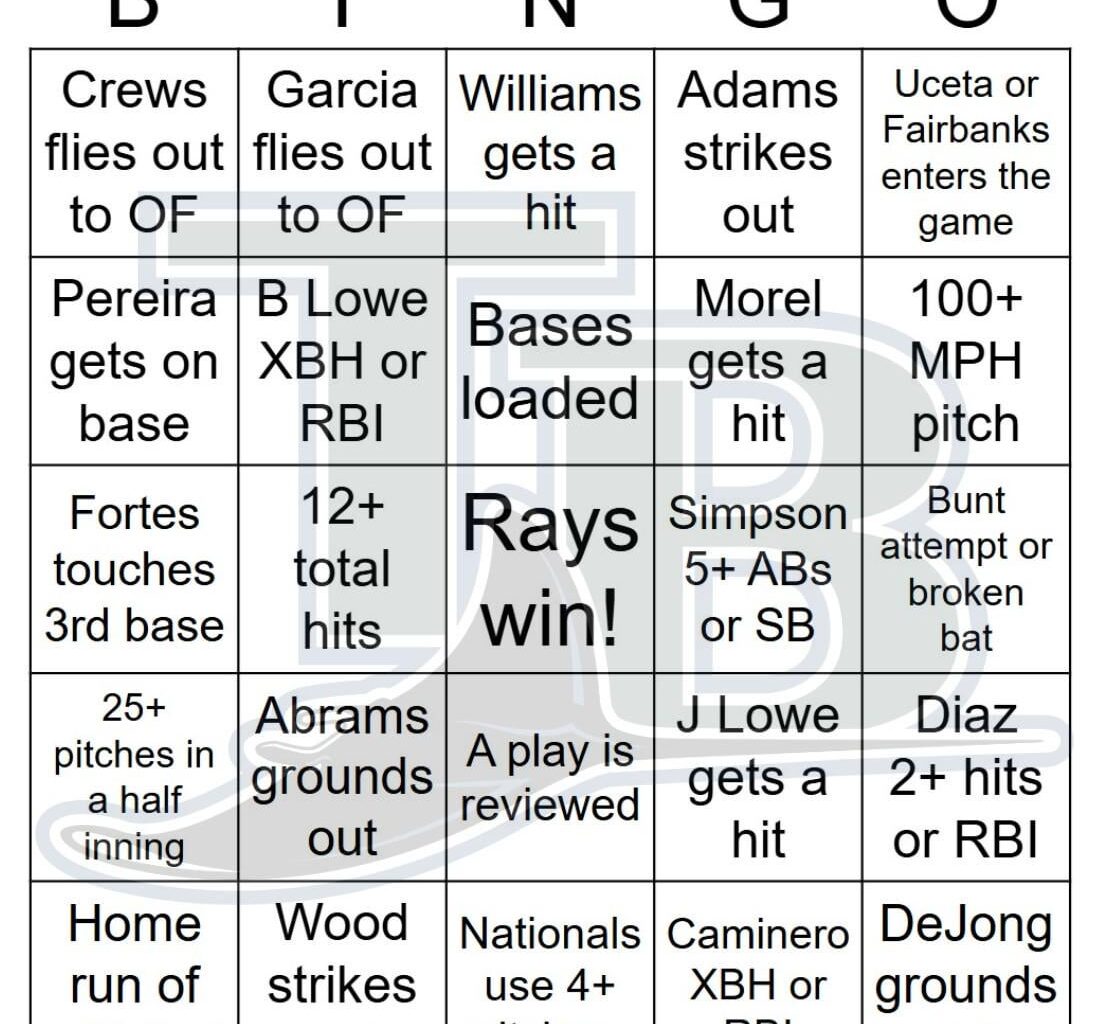 Rays vs Nationals Bingo, 8/29/2025