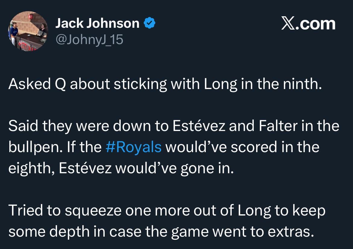 Q’s explanation for why he stuck with long. Bullpen is in a bad place in terms of rest.