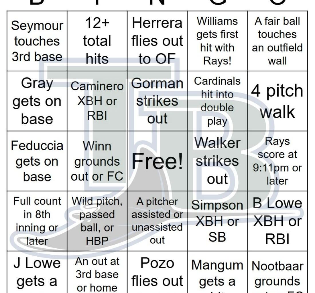 Rays vs Cardinals Bingo, 8/22/2025