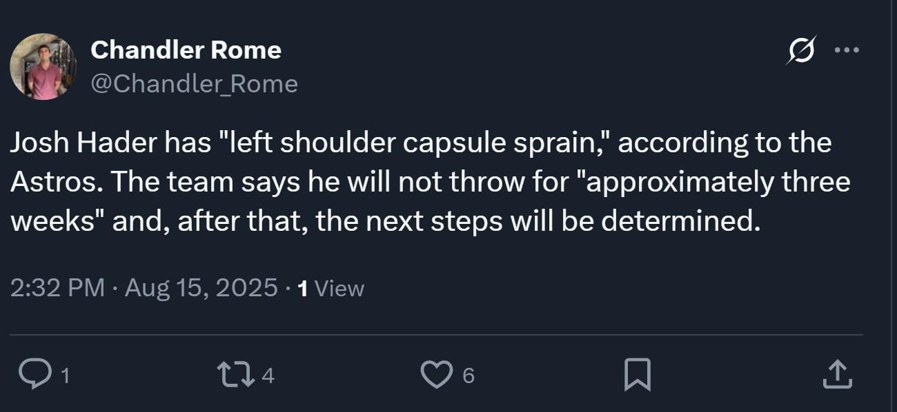 Hader out for at least 3 weeks