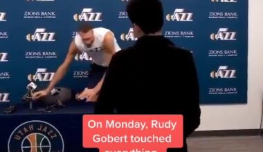 Rudy Gobert touches the microphones during the Covid-19 pandemic, soon before testing positive for Covid-19