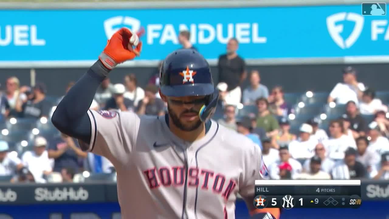 Correa with the "Don't rip my jersey" tribute to Altuve as he pimps his HR vs the Yankees