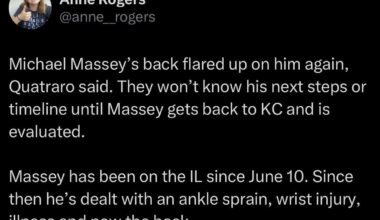 [Anne Rogers] Michael Massey’s back flared up on him again, Quatraro said. They won’t know his next steps or timeline until Massey gets back to KC and is evaluated.
Massey has been on the IL since June 10. Since then he’s dealt with an ankle sprain, wrist injury, illness and now the back.