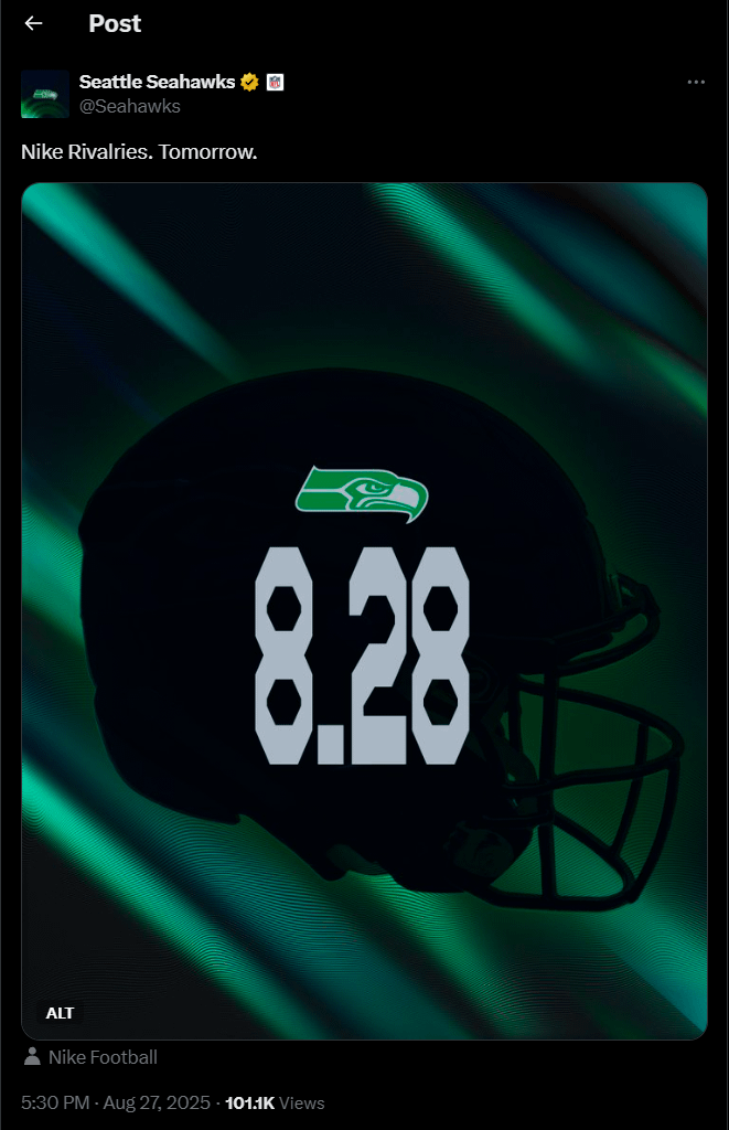 [Seahawks] Nike Rivalries jerseys to be revealed tomorrow, 8/28