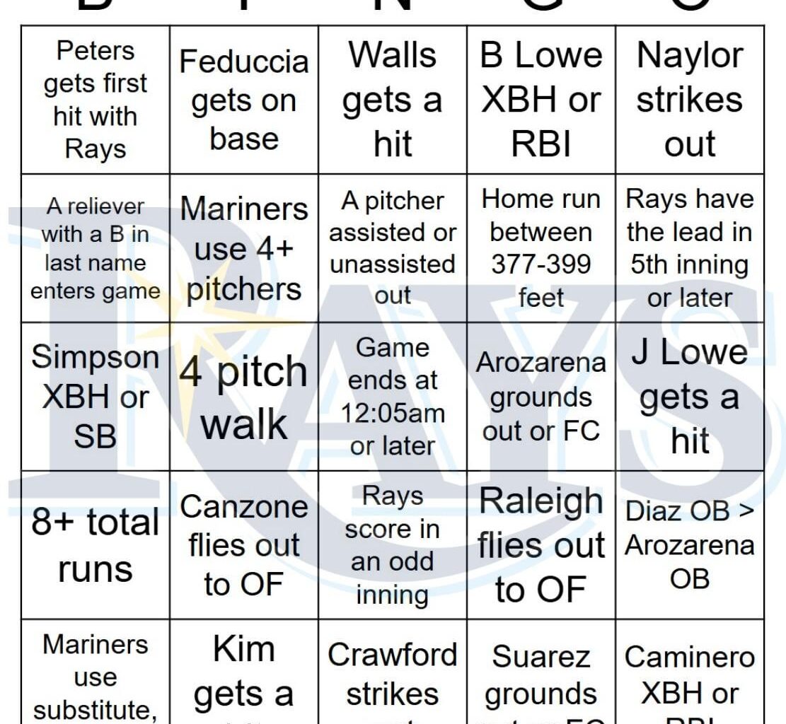 Rays vs Mariners Bingo, 8/09/2025