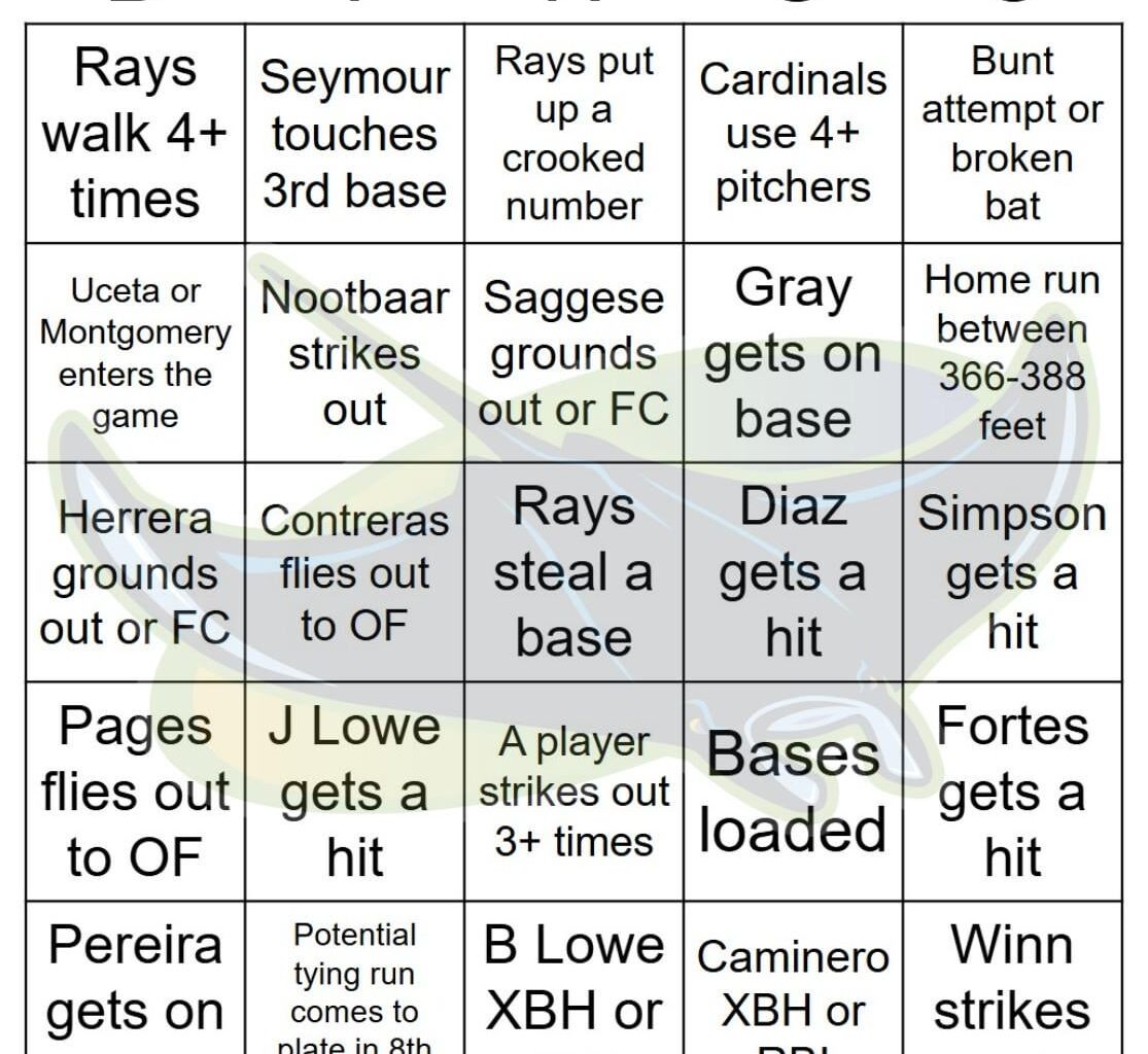 Rays vs Cardinals Bingo, 8/21/2025