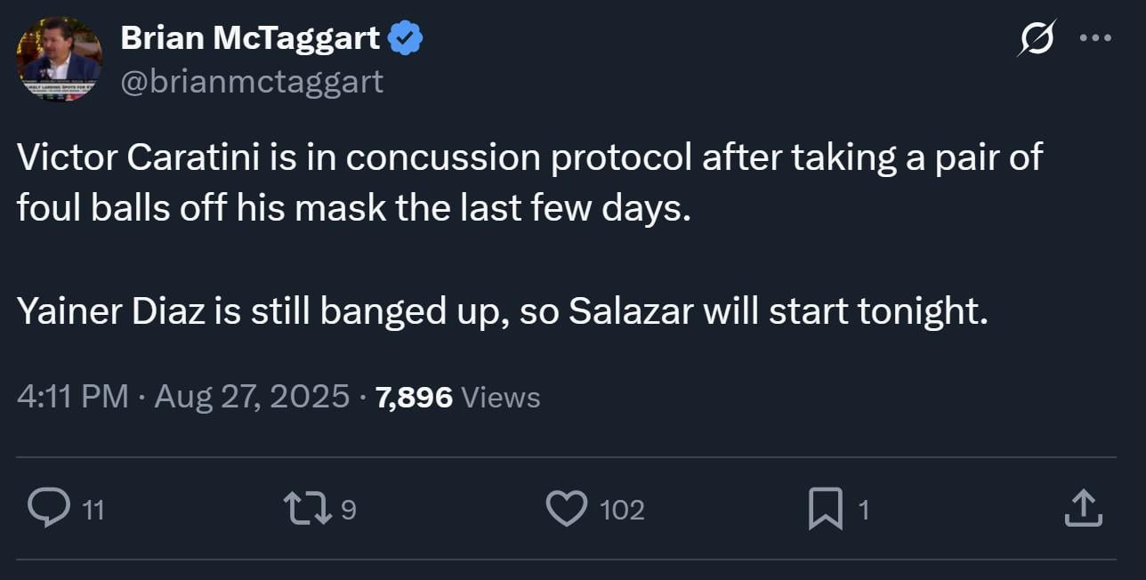 Caratini and Diaz out tonight.  Salazar to catch