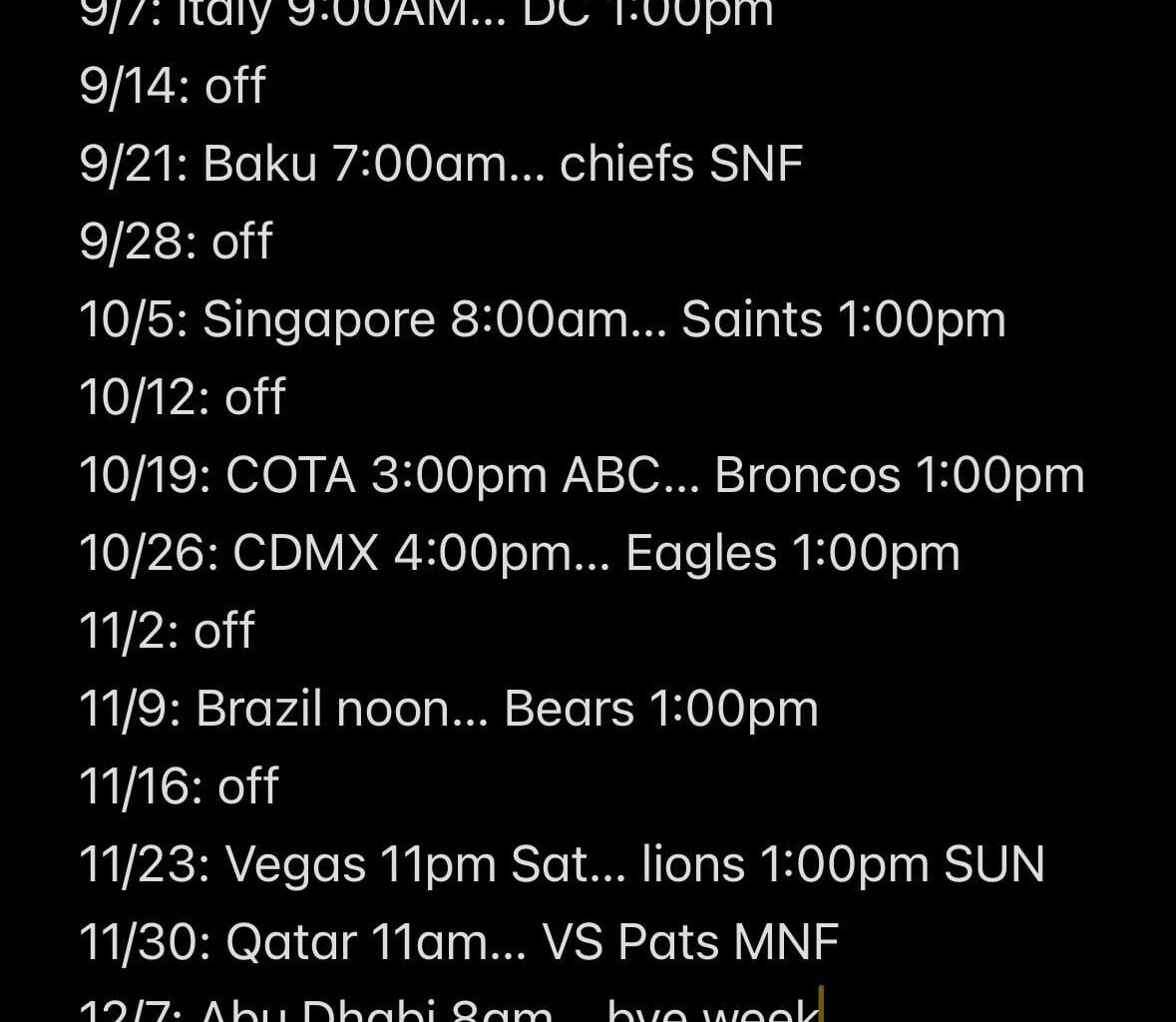 NYG schedule vs F1 schedule