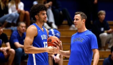 Duke Men's Basketball Open Practice; Duke basketball forward Cameron Boozer and head coach Jon Scheyer