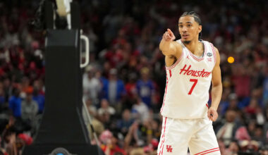 Apr 7, 2025; San Antonio, TX, USA; Houston Cougars guard Milos Uzan (7) reacts after a play against the Florida Gators during the first half of the national championship game of the Final Four of the 2025 NCAA Tournament at the Alamodome. Mandatory Credit: Bob Donnan-Imagn Images