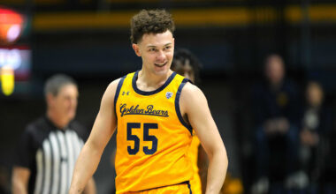 Jan 22, 2023; Berkeley, California, USA; California Golden Bears guard Devin Askew (55) reacts after scoring against the Oregon State Beavers during the first half at Haas Pavilion. Mandatory Credit: Darren Yamashita-Imagn Images