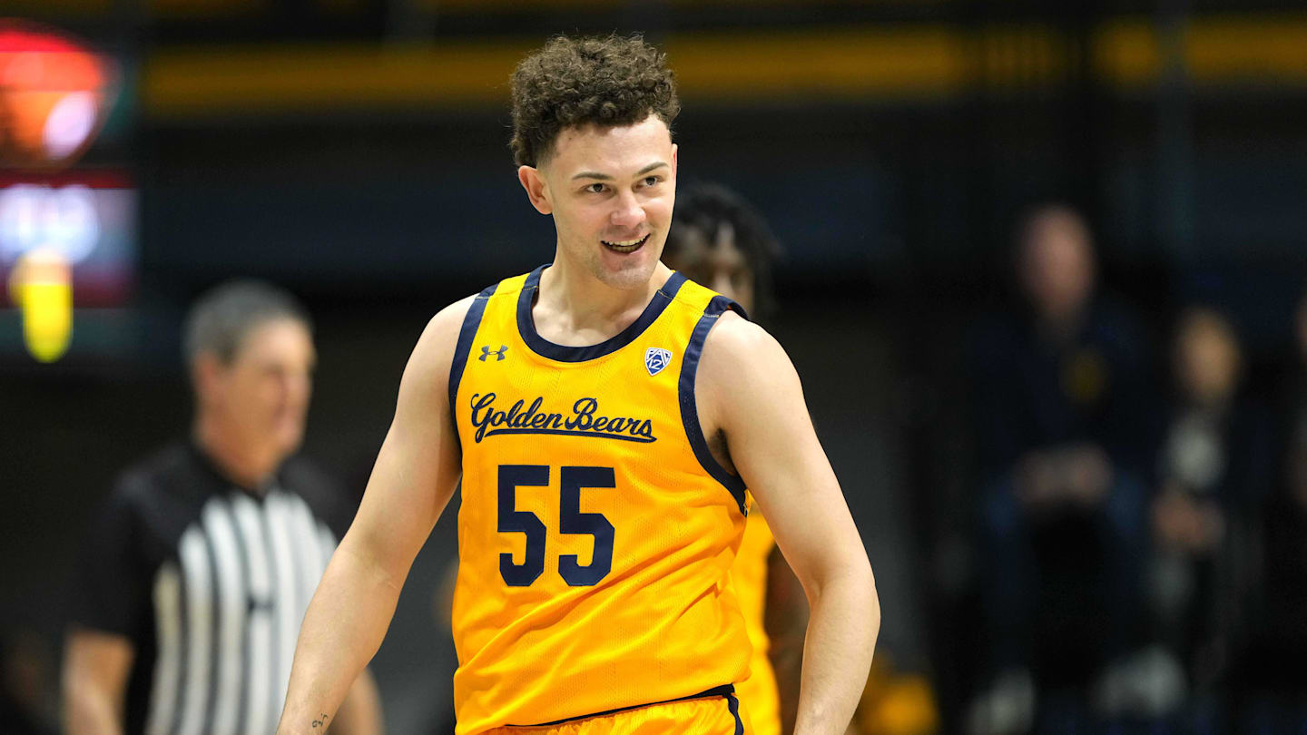 Jan 22, 2023; Berkeley, California, USA; California Golden Bears guard Devin Askew (55) reacts after scoring against the Oregon State Beavers during the first half at Haas Pavilion. Mandatory Credit: Darren Yamashita-Imagn Images