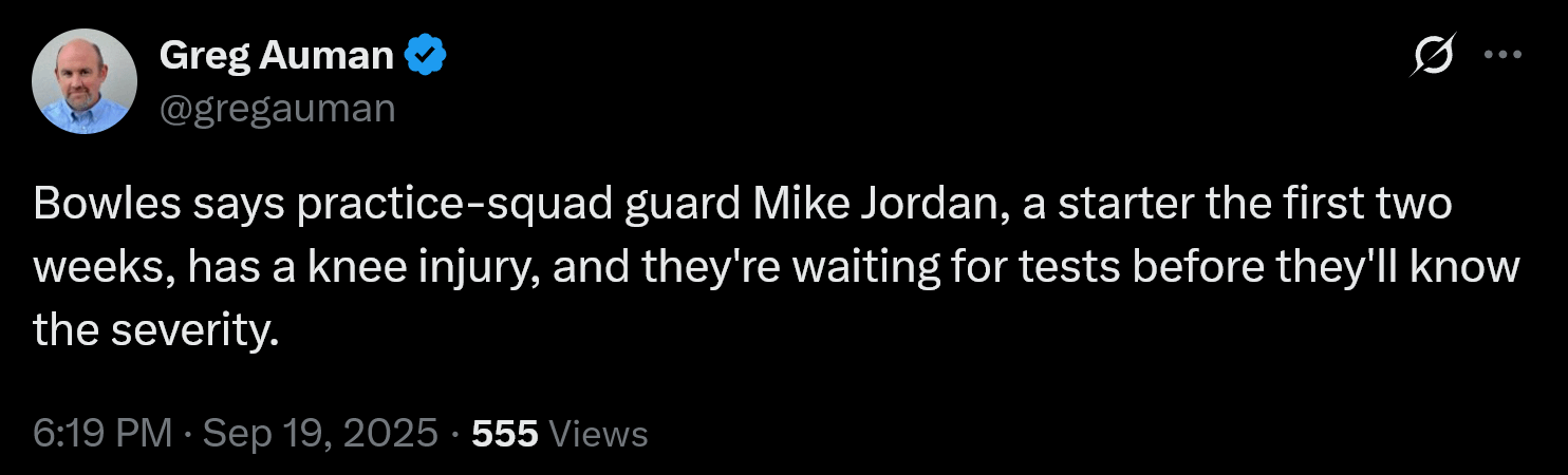 [Greg Auman] Bowles says practice-squad guard Mike Jordan, a starter the first two weeks, has a knee injury, and they're waiting for tests before they'll know the severity.