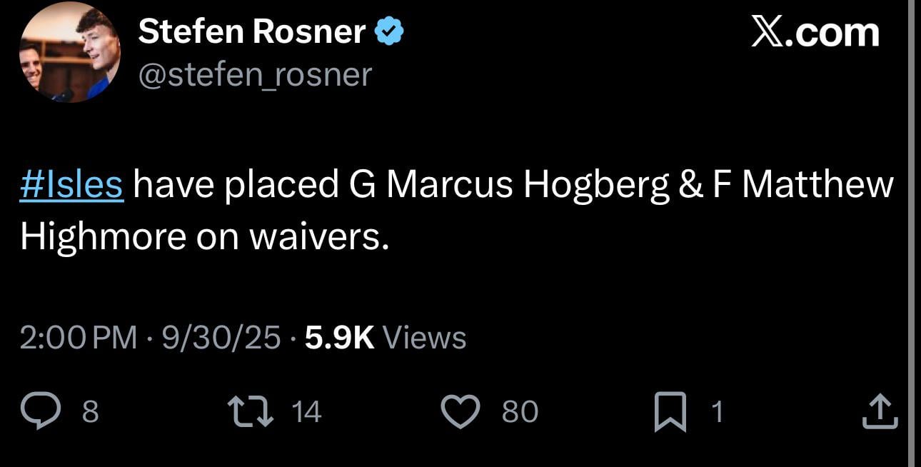 Islanders place Hogberg and Highmore on waivers