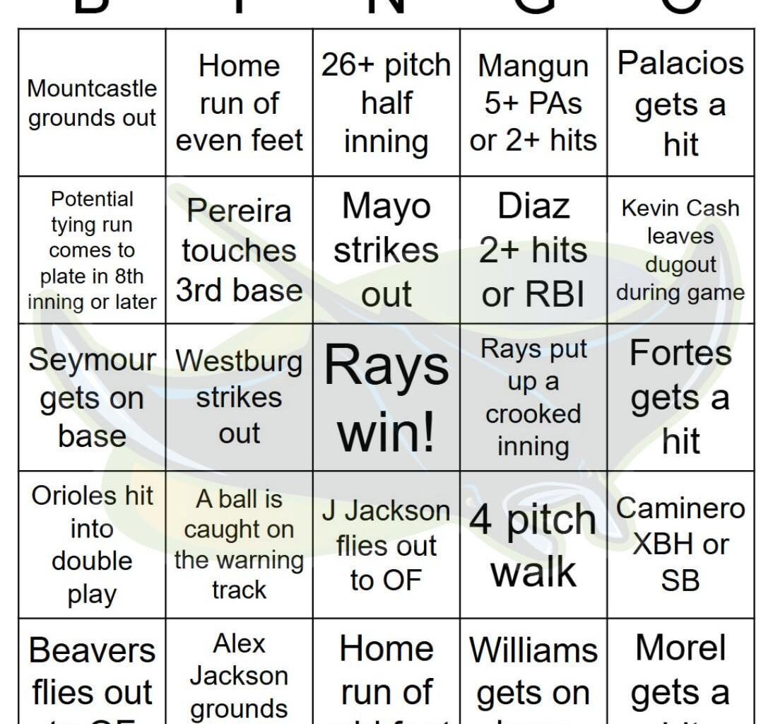 Rays vs Orioles Bingo, 9/25/2025