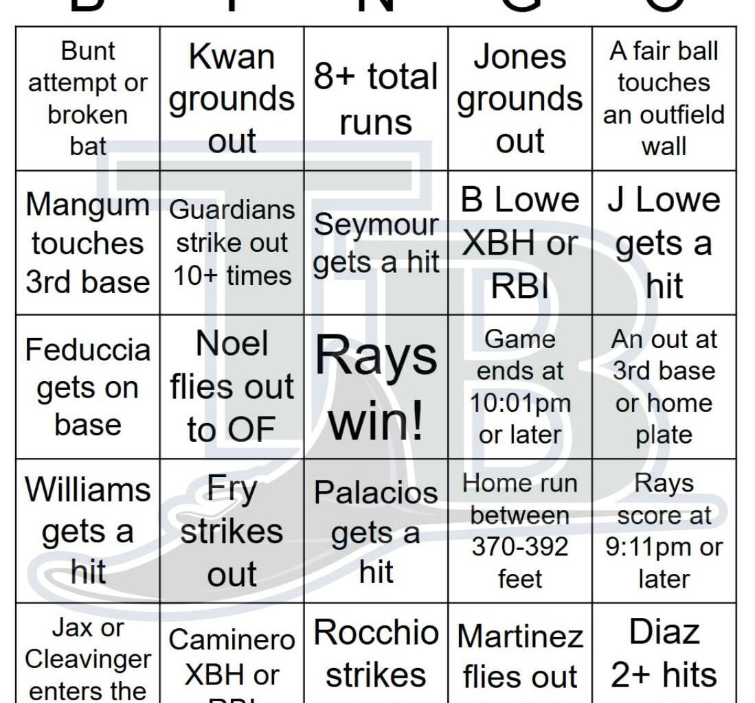 Rays vs Guardians Bingo, 9/05/2025