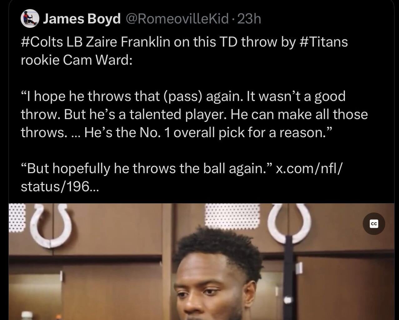 Jarvis Brownlee Jr fires back at Colts LB Zaire Franklin after Franklin said Cam Ward’s first TD “wasn’t good”